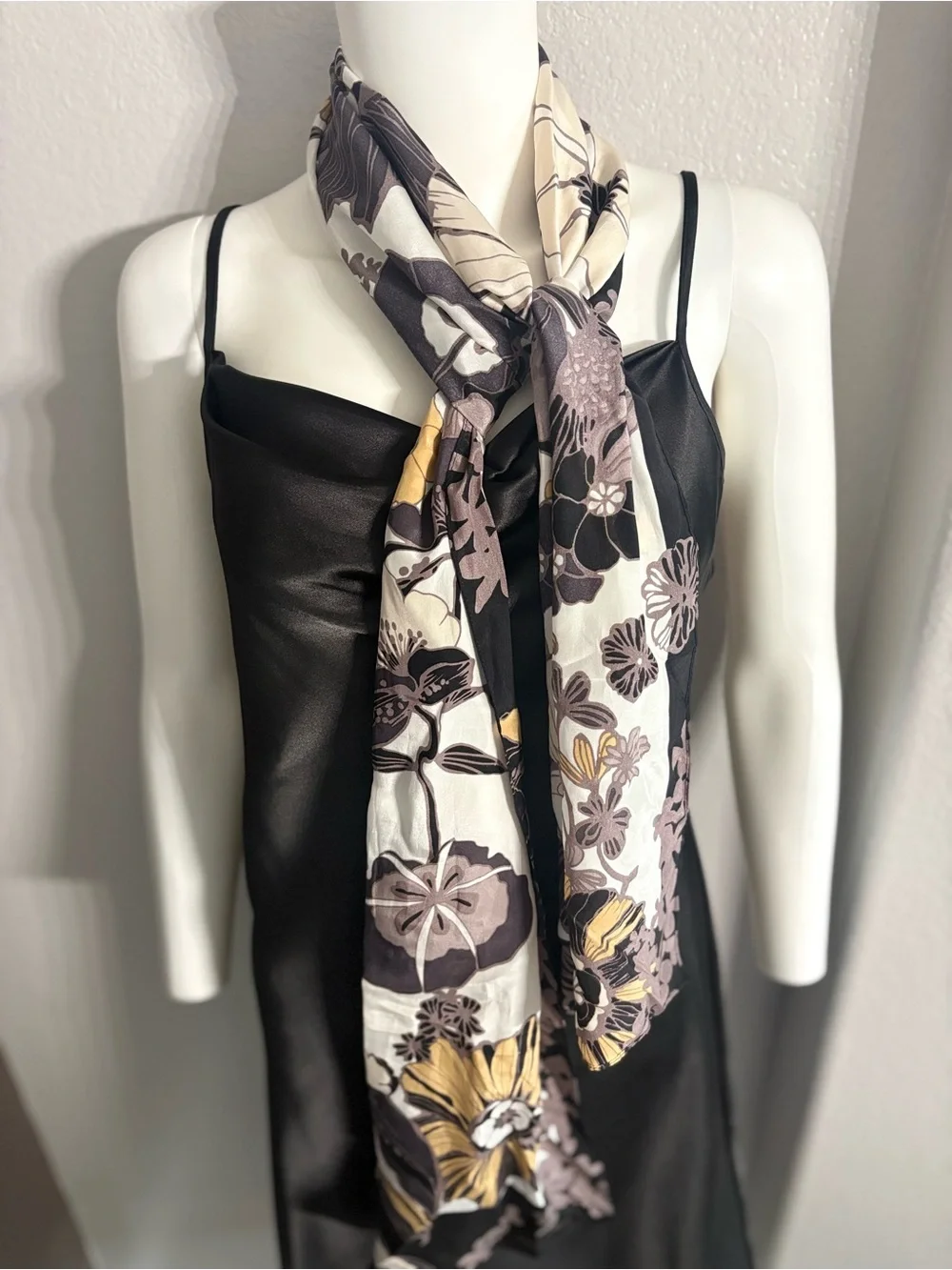 Floral Lightweight Scarf in Black, Cream & Mustard